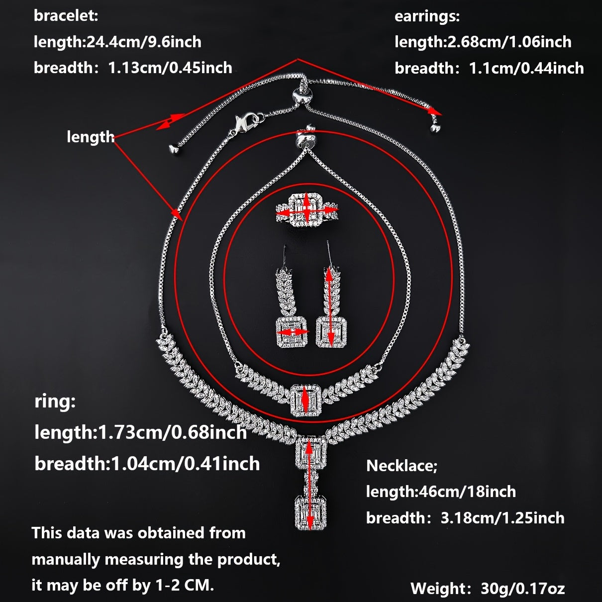 Sophisticated 4-piece Jewelry Set featuring Cubic Zirconia - Opulent Necklace, Earrings, Bracelet, and Ring perfect for Weddings, Engagements, and Special Events.