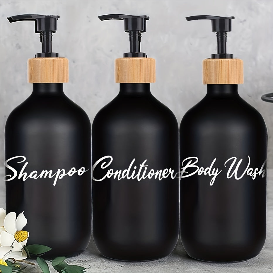 3 black soap dispensers for bathroom shower products, refillable liquid storage containers.