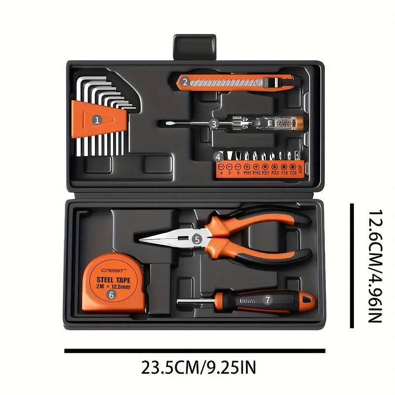 Universal 23pc Home Tool Kit with Carbon Steel Hand Tools in Plastic Case - Ideal for Household, Car, and Office Repairs - Ready to Use, No Batteries Needed.