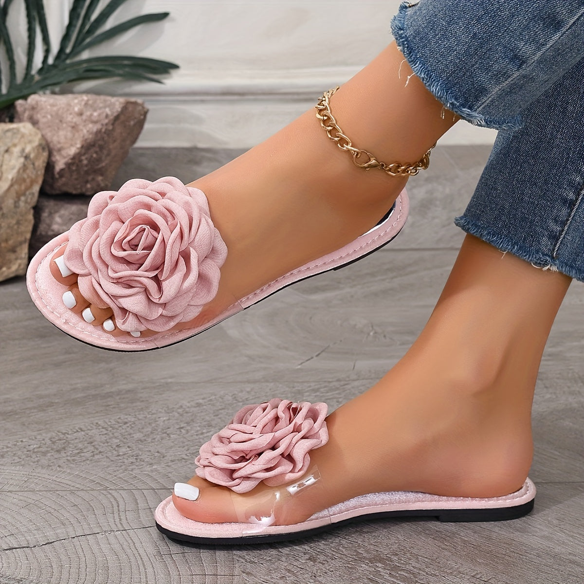 Women's Flower Decor Slide Sandals, Lightweight and Casual Summer Flat Shoes with Open Toe