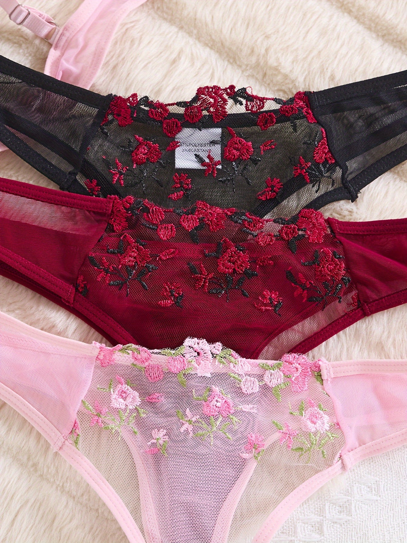 3-piece sexy lingerie set for women with floral embroidery, breathable bra, and mesh panties.