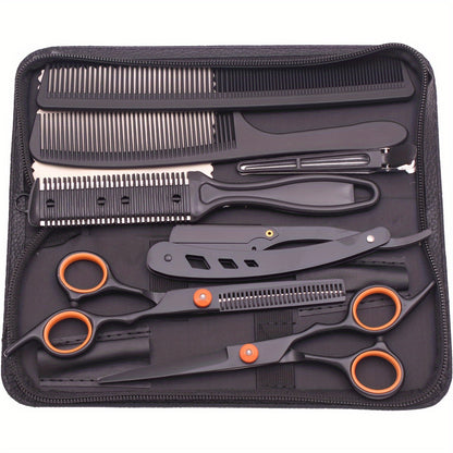 Japanese stainless hair cutting scissors and thinning shears set for barber shops and hairdressing, includes combs and razor