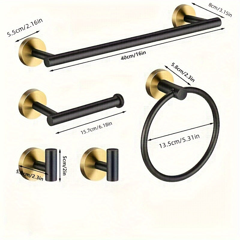 Five-piece set of bathroom accessories including a stainless steel towel rod, bath towel rod, toilet paper holder, towel ring, and Yukata hook, suitable for use in hotels or homes. Ideal for upgrading your bathroom.