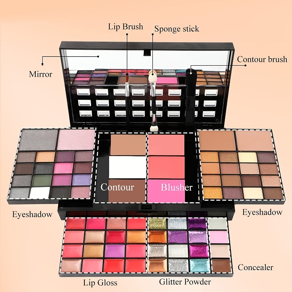 74-color makeup palette includes matte and pearl eye shadows, lip gloss, golden concealer, blush, bronze highlight.