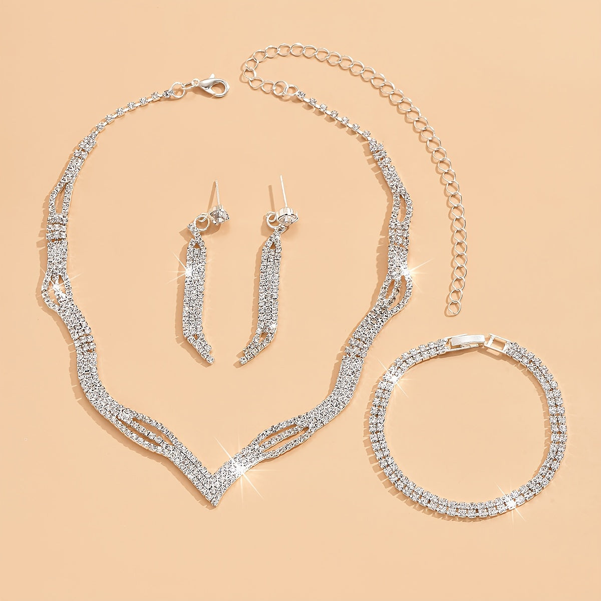 Stylish Women's Rhinestone Jewelry Set with Wide Face Earrings, Necklace, and Bracelet - Perfect for Bridal, Wedding, Banquet, Holiday and Party Gifts - Inspired by European and American Trends