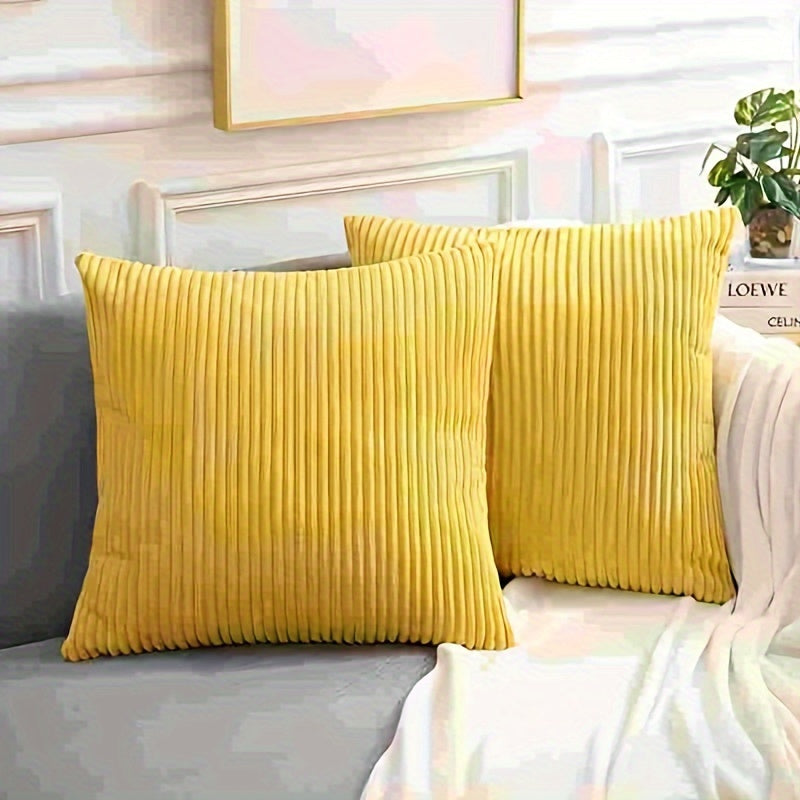 Stylish soft corduroy throw pillow covers in a striped square pattern for living room, bedroom, or sofa decor. Features double-sided printing and fits 45.72cm pillows. Set of 2, pillow inserts not included.