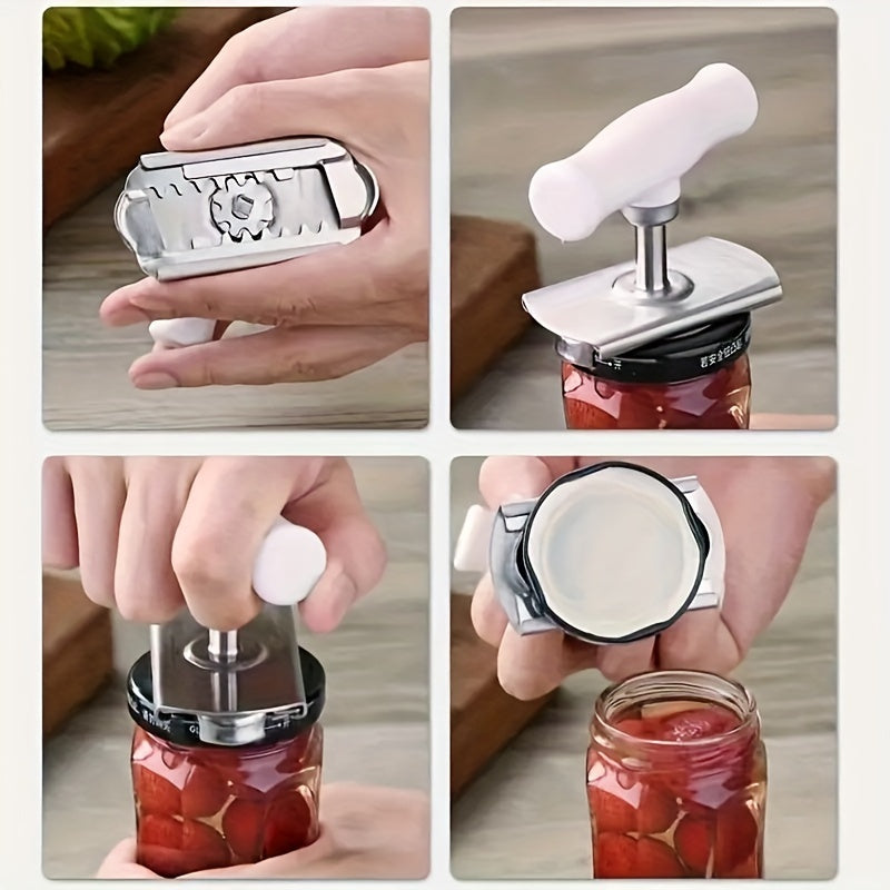 Stainless steel jar opener with adjustable grip for easy lid opening - essential kitchen tool.