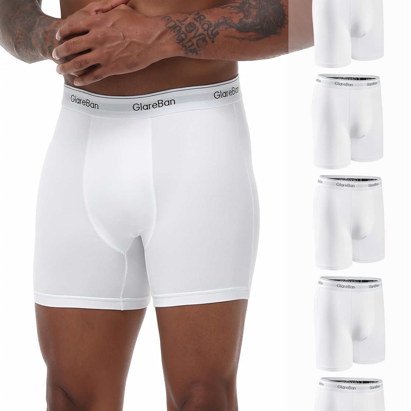 5 Men's white boxer briefs made of comfortable polyester and elastane blend, machine washable.