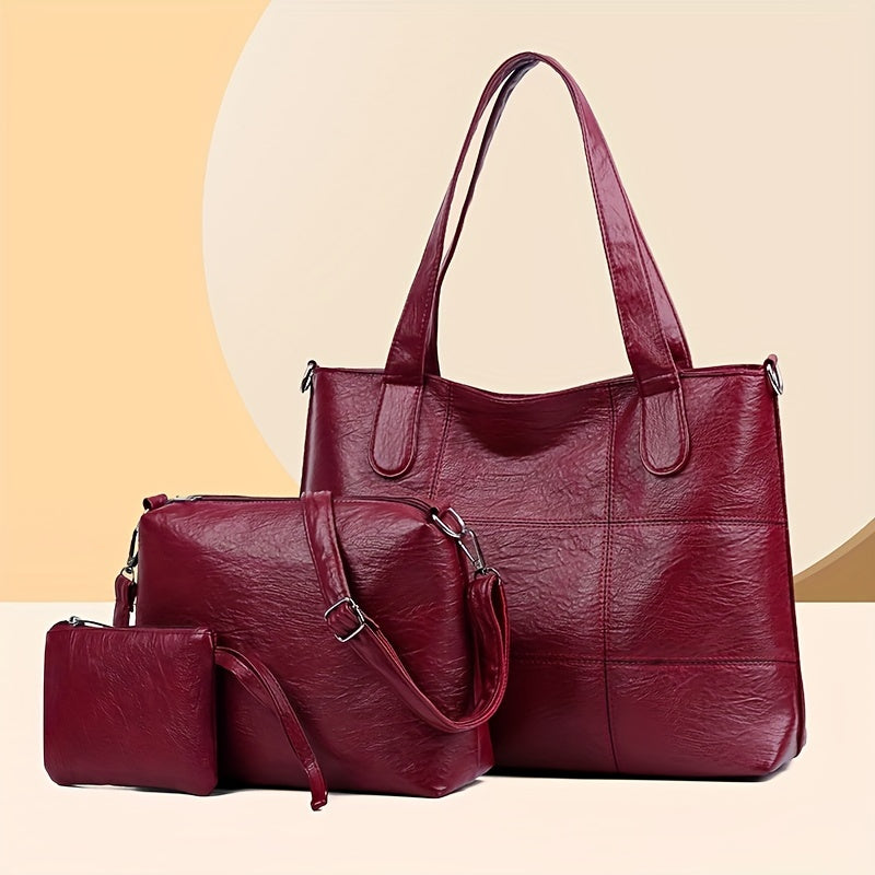 3pc women's handbag set with solid color shoulder and crossbody bags. Features fixed straps, zipper closure, nylon lining, and edge paint detail. Versatile for shopping, travel, and work.