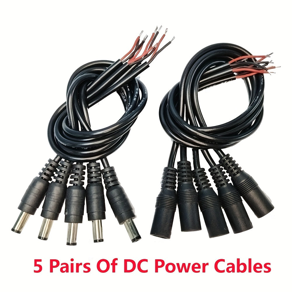 5 pairs of 12V 5.5x2.1mm male and female DC power socket jacks with black DIY DC cables.