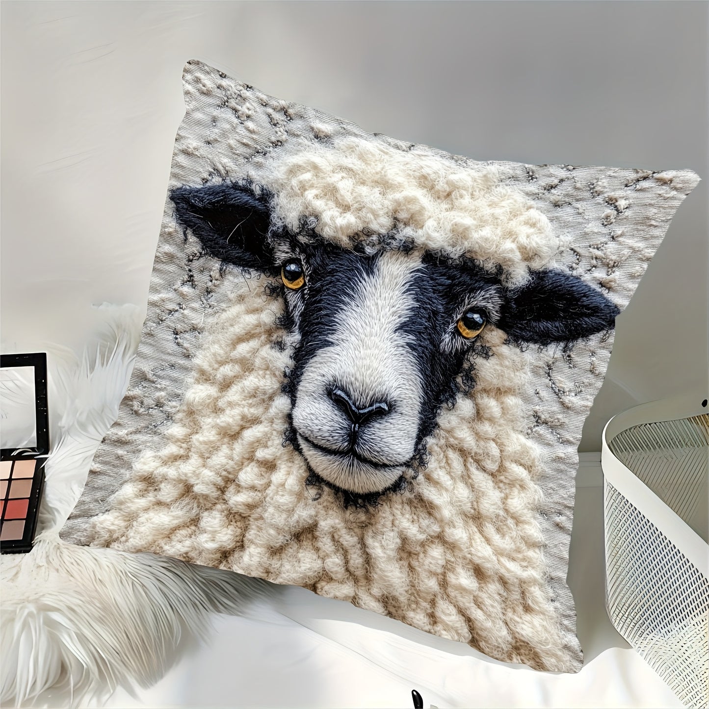 Retro farm animal design pillowcase featuring fluffy black nose sheep. Suitable for sofa, living room, bedroom, or office. Single side print, machine washable with zipper closure. 45.72x45.72cm, no pillow core included. Made of peach skin material.