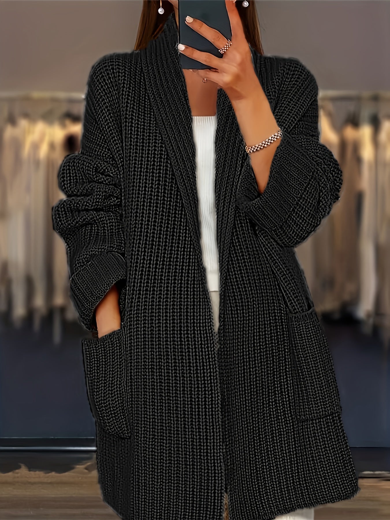 Plus Size Solid Color Knit Cardigan for Women, Polyester Fabric with Pocket Detail and Open Front, Perfect for Autumn/Winter Fashion, Relaxed Fit