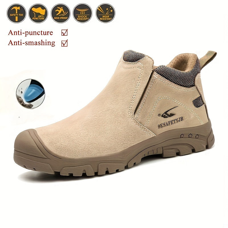 Safety shoes for industrial and construction sites, puncture-proof with steel toe and ankle support.