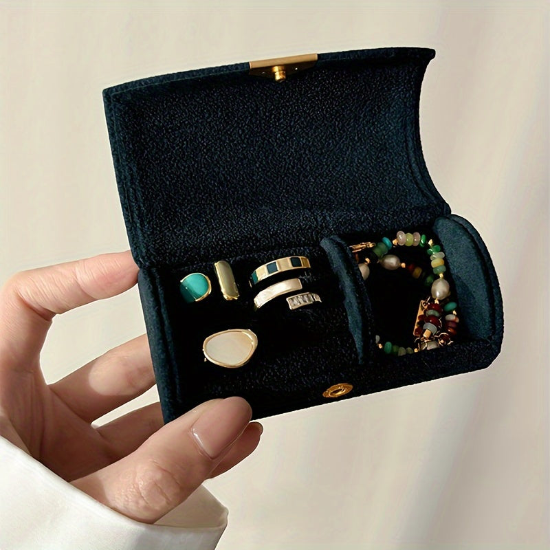 Velvet jewelry organizer box for women, portable travel case with ring holder and snap closure. Ideal gift for birthdays, Mother's Day, and Valentine's Day.