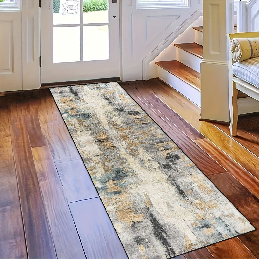 Soft runner rug with a Bohemian style design that is non-slip and water-resistant. This rug is washable with a low pile and irregular shape, featuring a knit weave made of polyester. Perfect for hallways, living rooms, bedrooms, and entryways in villas.