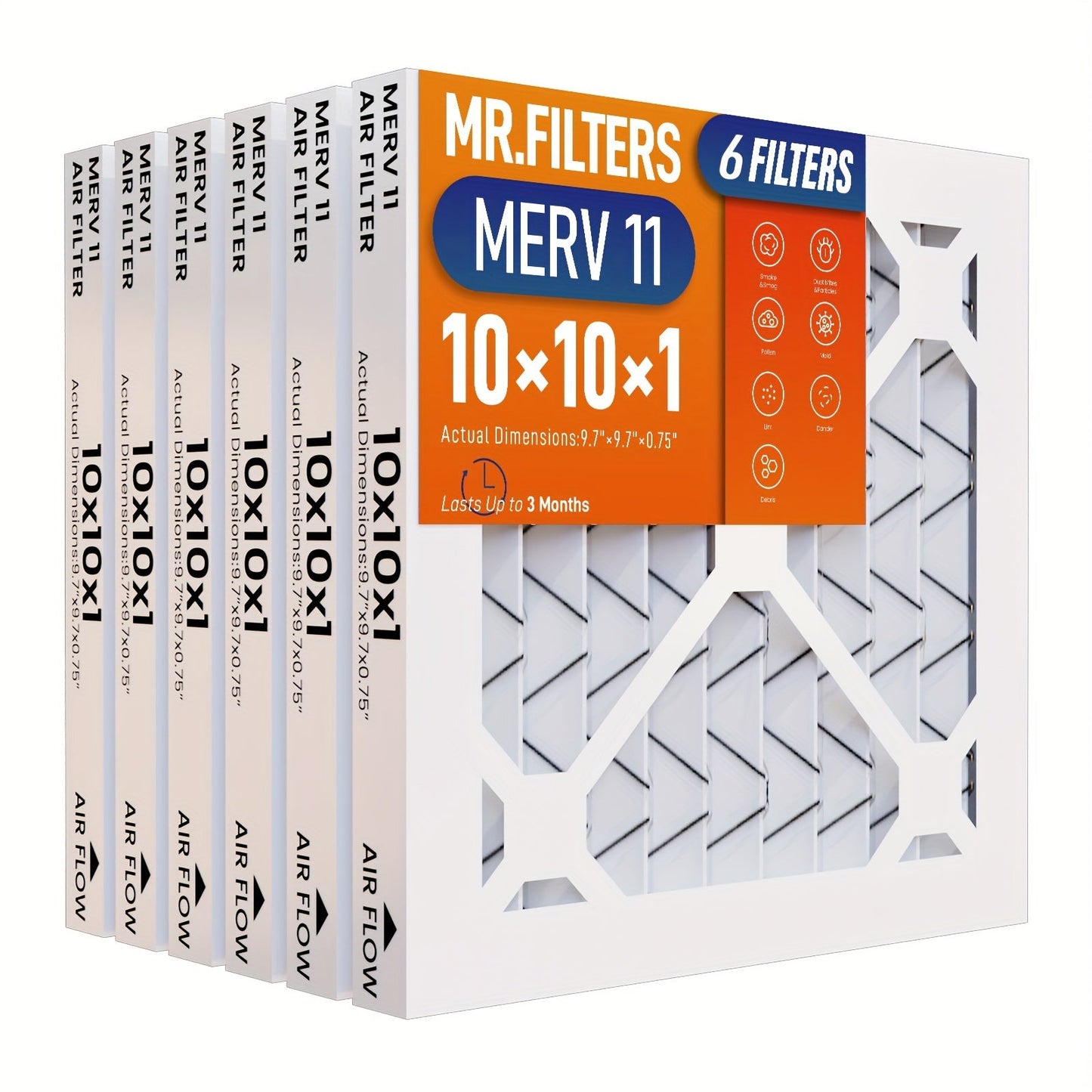 Replace the air filters in your home with this pack of six AC furnace filters. These filters are 10 x 10 x 1 and come in MERV8, MERV11, and MERV13 ratings for improved air quality. Keep your HVAC system running smoothly with these pleated filters.