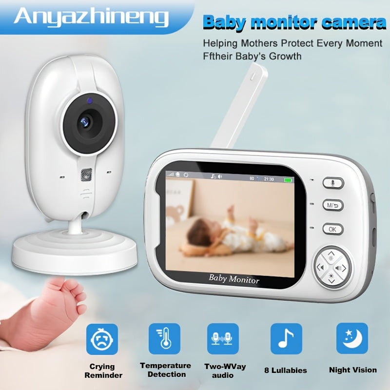 720P HD Android app and smartphone compatible monitor for indoor use, featuring 2-way audio, cry and temperature detection, night vision, lullabies, manual pan/tilt, rechargeable battery, and made of ABS material.