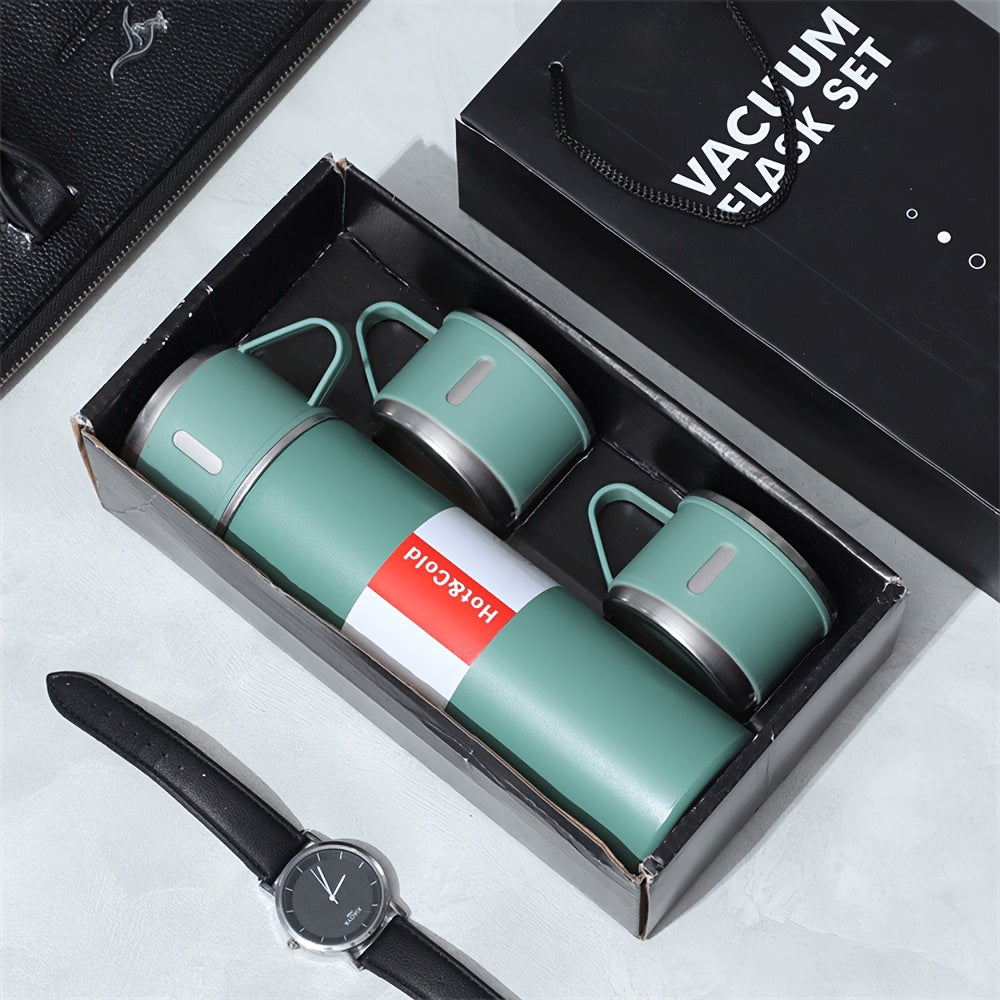 Gift-ready Stainless Steel Vacuum Insulated Water Bottle Set with 3 Cup Lids. This 500ml Travel Thermal Mug keeps drinks hot or cold for hours, making it ideal for both summer and winter use. The set is food contact safe, making it a perfect gift option.