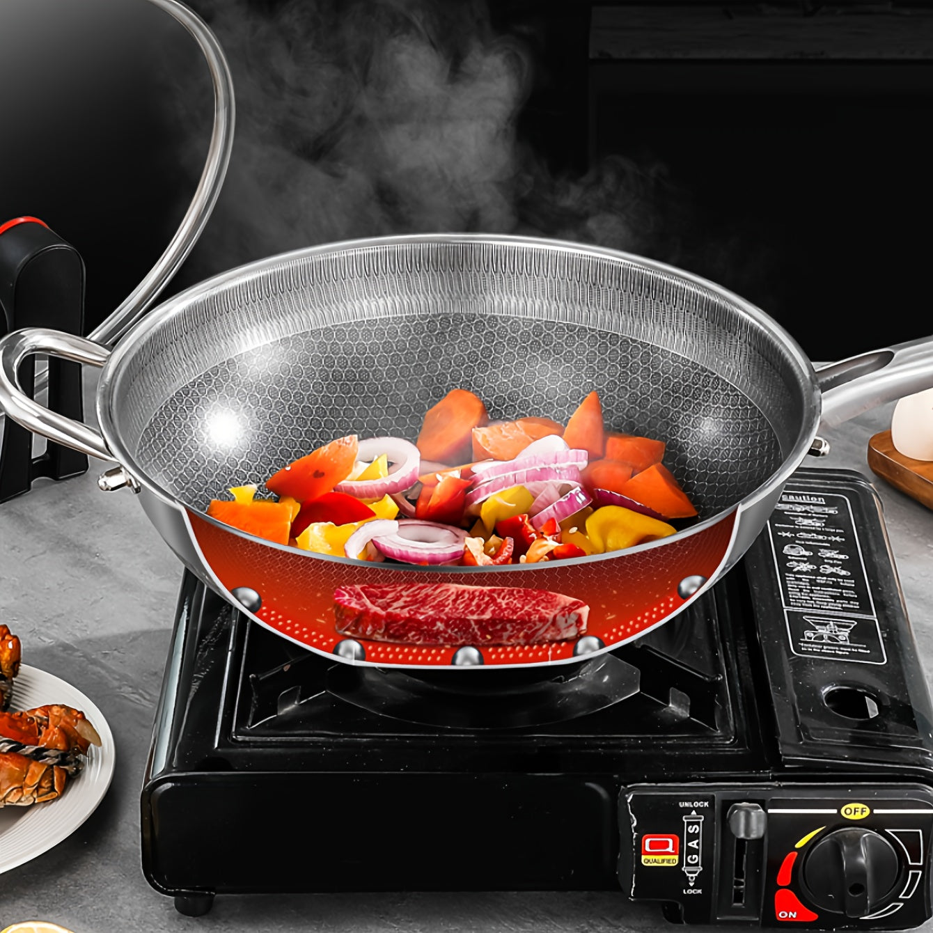 Stainless Steel Frying Pan with Lid and Handle - Perfect for Induction Cooker, Gas Stove, and Camping - Non-Stick Pan for Cooking Fish, Eggs, and Steak - Available in 32cm, 34cm, and 36cm Sizes