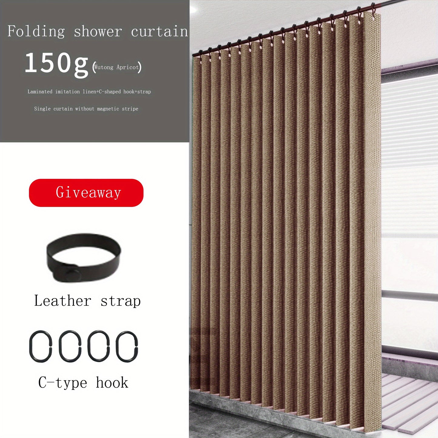 High-pressure folding waterproof shower curtain made from durable imitation linen fabric. Features wet and dry separation for bathroom and cabinet dust protection. Includes faux leather strap and C-type hooks. Machine washable for easy care. Provides