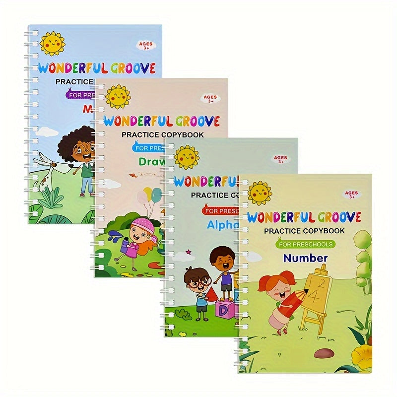 4 reusable handwriting calligraphy books for early learning - great gift for practicing numbers, alphabet, and drawing.