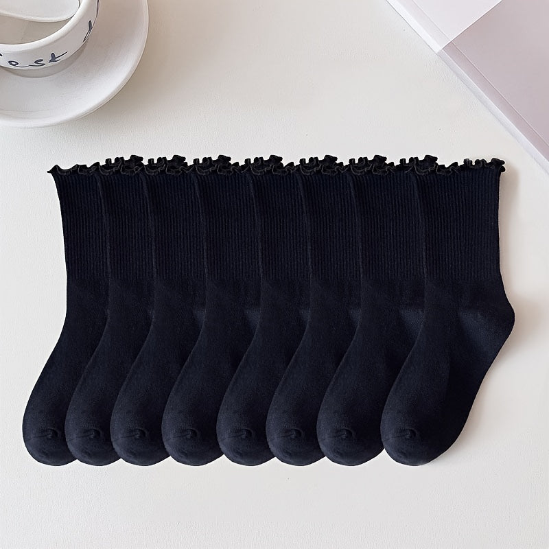 6 pairs of comfortable and breathable mid tube lettuce trim socks for women.