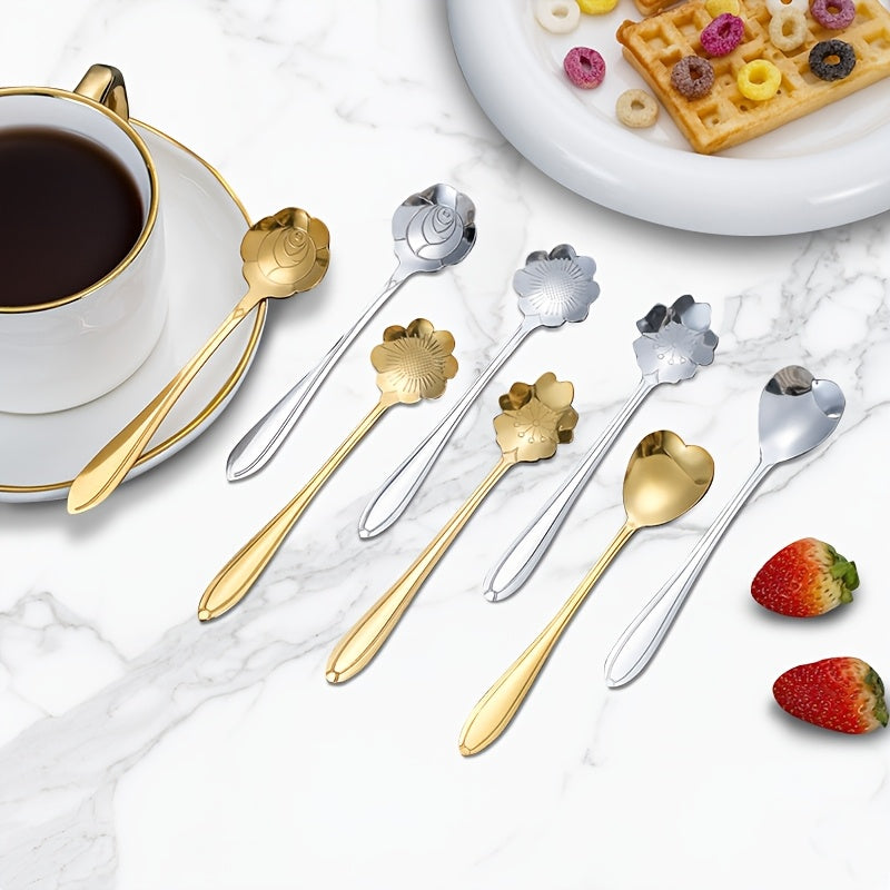 Set of 8 elegant stainless steel coffee spoons with a flower pattern; perfect for serving coffee and dessert. An ideal kitchen gift for coffee lovers, suitable for holidays such as Christmas, Halloween, Thanksgiving, Easter, and Hanukkah.