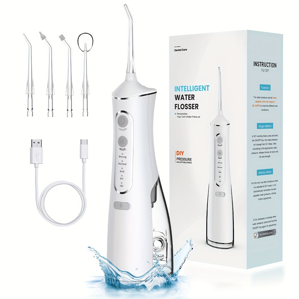 Cordless water flosser with 4 cleaning modes, USB rechargeable, 1500mAh battery, travel-friendly.