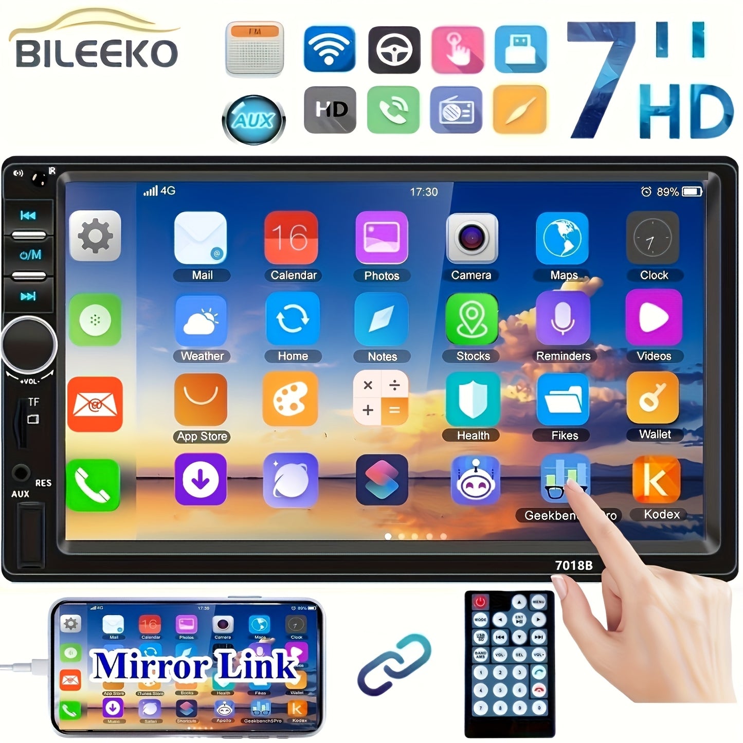 Bileeko 17.78cm Touch Screen Double Din Car Stereo with MP5 Player, Wireless, Hands-Free Calling, Mirror Link, USB/TF Card and Aux Input