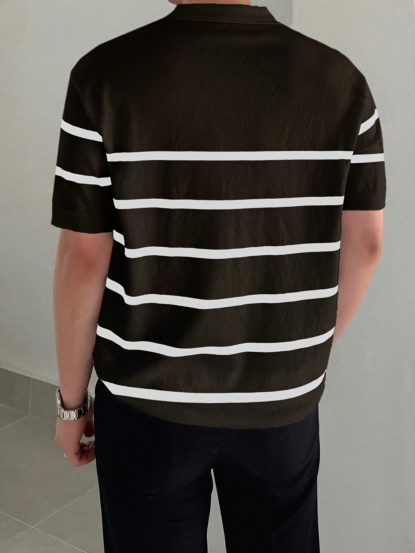 Men's Casual Striped Knit Shirt-Short Sleeve, Lightweight Spring/Summer Collection, Machine Washable, Viscose/Polyester Blend, White with Black Stripes