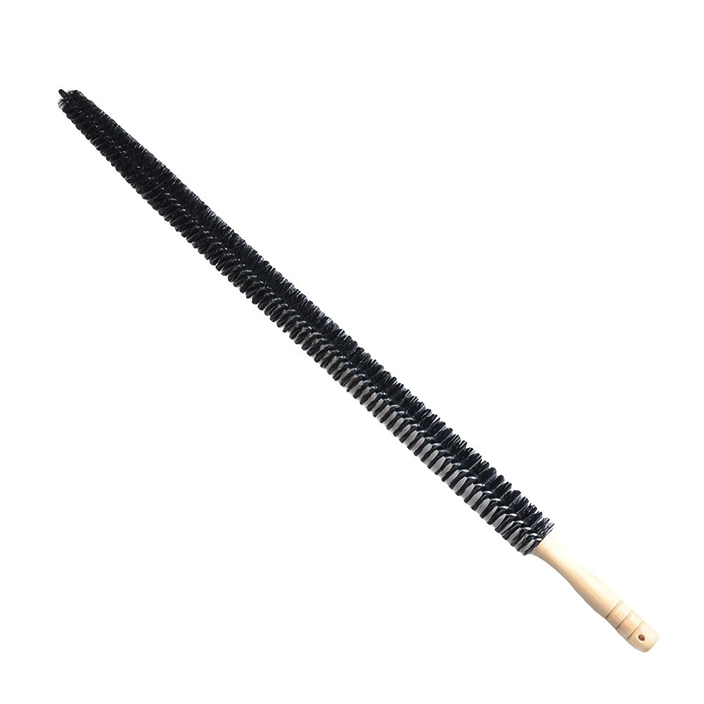 The radiator cleaner brush with a wooden handle and nylon bristles is a versatile tool with a 70cm/75cm metal body for effective dust and lint removal. It is perfect for cleaning vents, air conditioners, outdoor sinks, washers, dryers, refrigerators