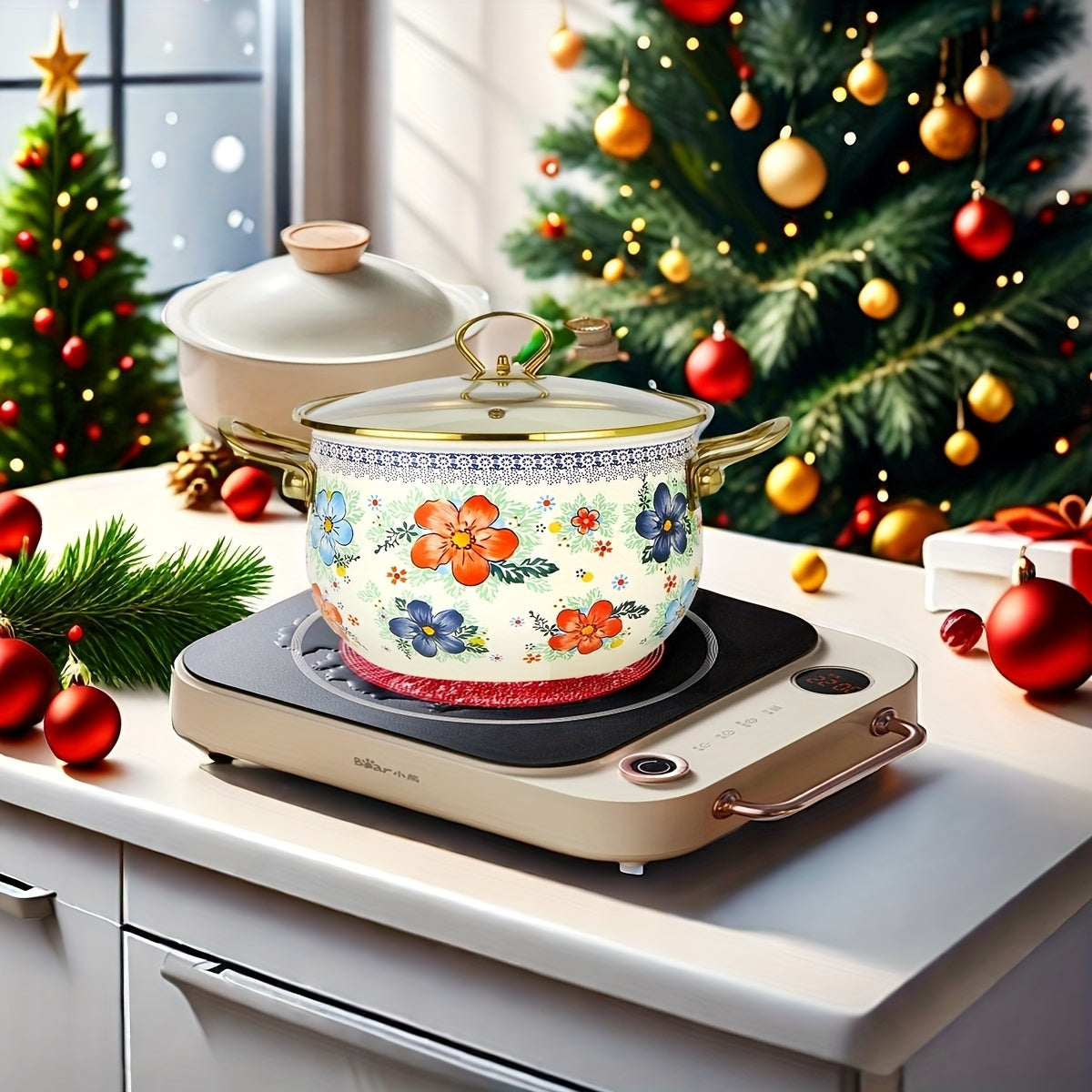 Enamel Soup & Stew Pot with Dual Handles - High-Quality Cookware for Gas & Induction Stoves, Ideal for Family Gatherings & Special Occasions - Includes Clear Lid for Easy Viewing