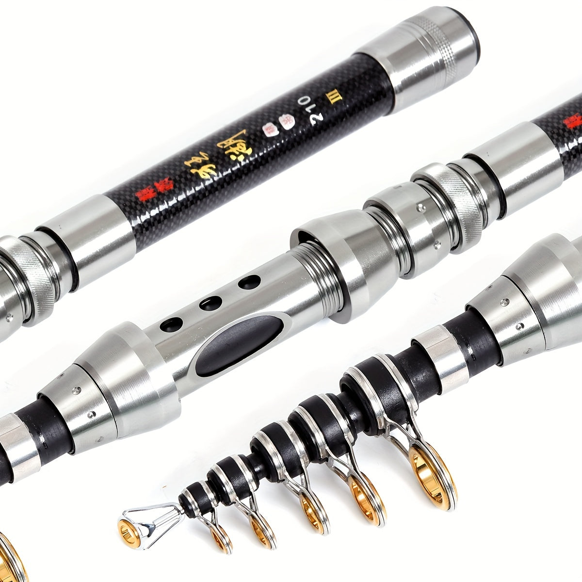 Telescopic fishing rod made of carbon fiber; adjusts from 1.5m to 2.4m for saltwater casting.