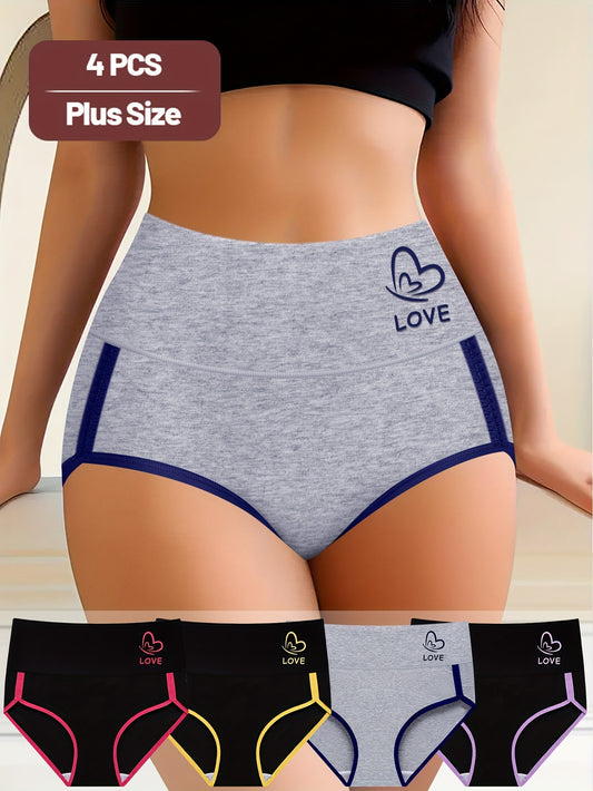 4pcs Plus Size Women's Panties - Comfortable mid-rise with tummy control and colorblock design, made from breathable polyester blend.