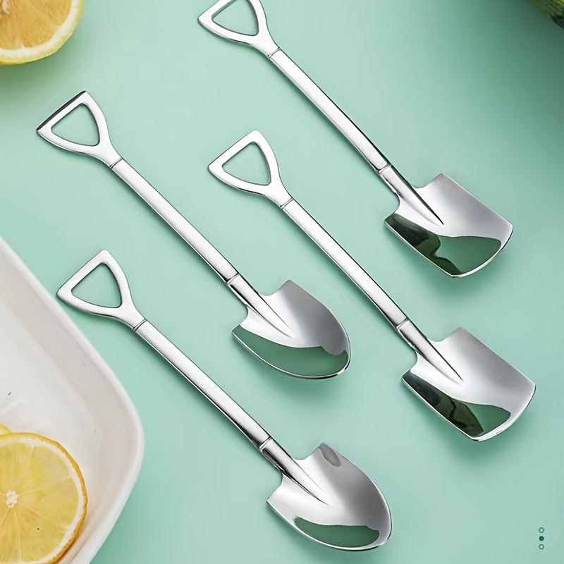 Stainless steel spoon set with 4 pieces for home kitchen use, includes 2 spades and 2 cusps for creative desserts and ice cream.