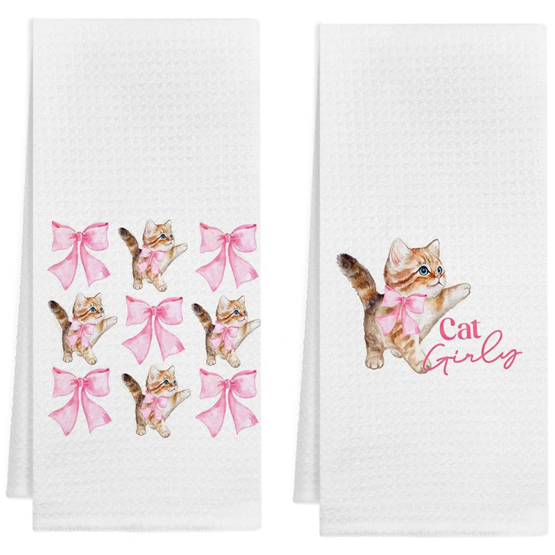 Set of two adorable pink cat hand towels made of highly absorbent microfiber, perfect for kitchen and dishwashing tasks. Featuring a cute cat and bow design, this set makes an ideal gift for cat lovers and moms. Each towel measures approximately