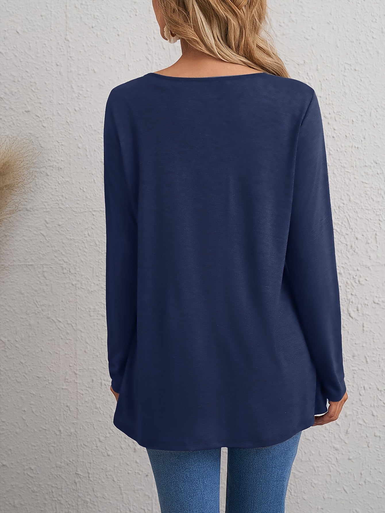 Stylish European & American Long Sleeve T-Shirt for Women - Features Decorative Buttons, Crew Neck, Stretchy Polyester Blend - Ideal for Spring/Fall seasons.