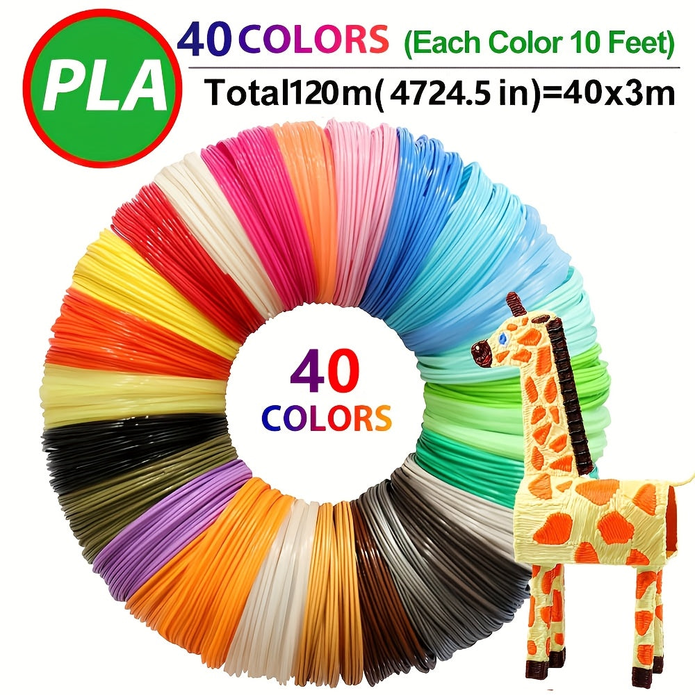 40 pack of 1.75mm diameter PLA filament for 3D pen, total length 4724.5 inches in random colors. Made of plastic, no battery needed.