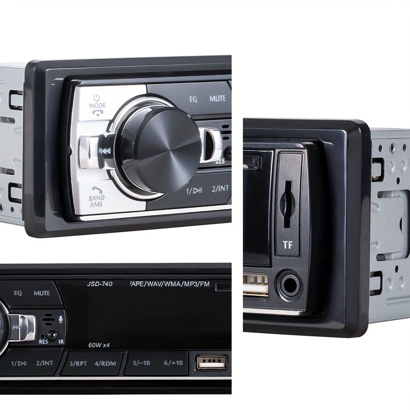 1 DIN car stereo with wireless remote, 60Wx4 FM receiver, AUX/USB/TF support, ISO interface, 12V/24V compatible.