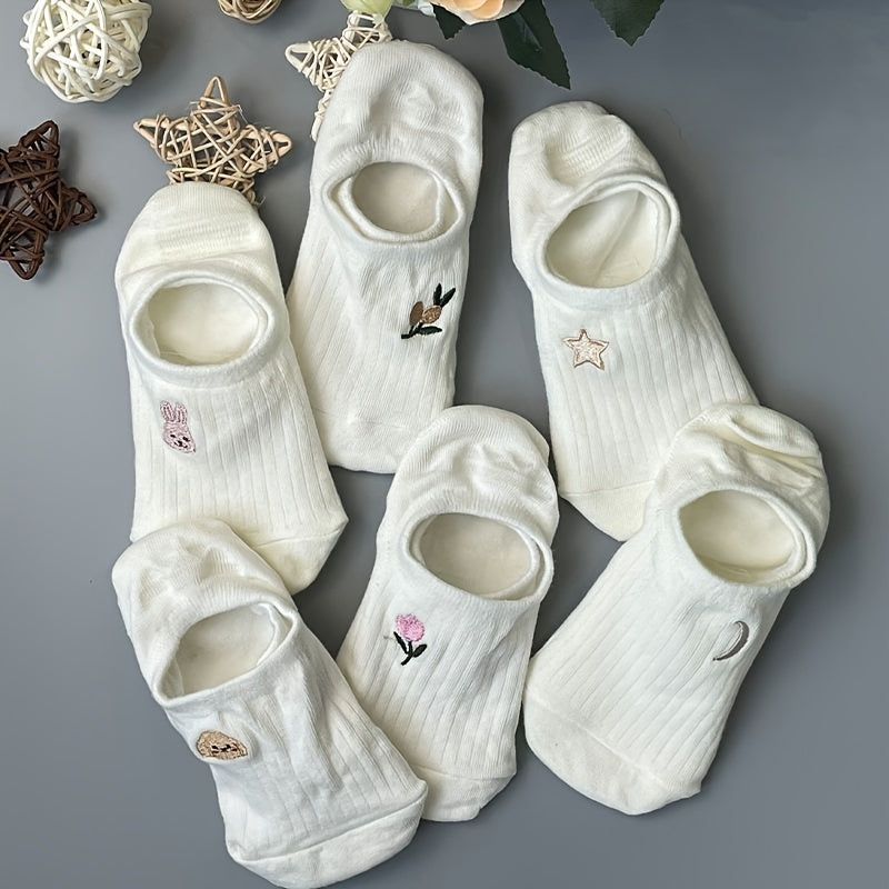 Soft and lightweight ankle socks with white stripes for kids, made of breathable polyester blend with cute animal and floral designs. Available in packs of 5, 6, or 10. Machine washable.