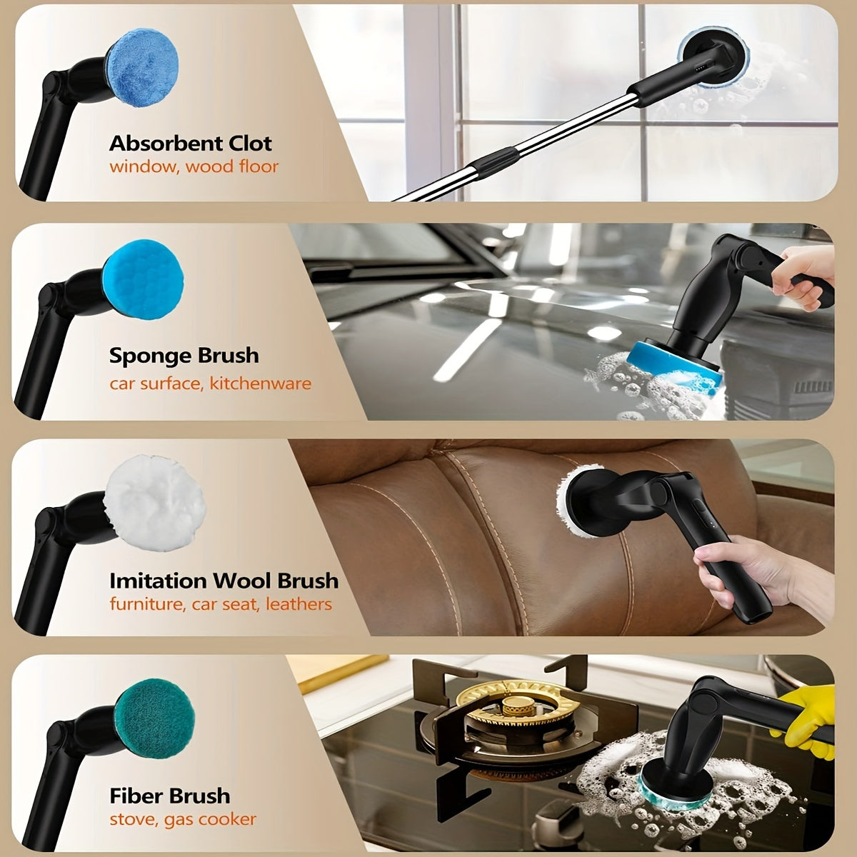 Great for cleaning tiles, bathrooms, floors, and showers, this rechargeable cordless electric spin scrubber comes with an extendable arm and interchangeable heads.