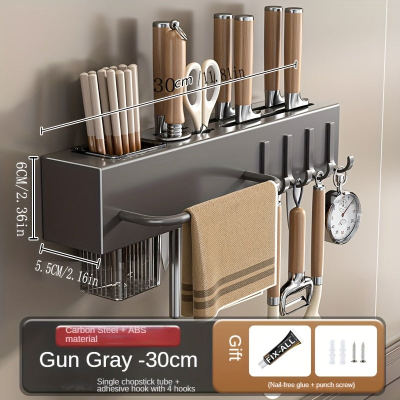 Wall-mounted stainless steel kitchen organizer featuring towel bar and hooks. Includes cutlery holder with chopstick cage for utensils and accessories.