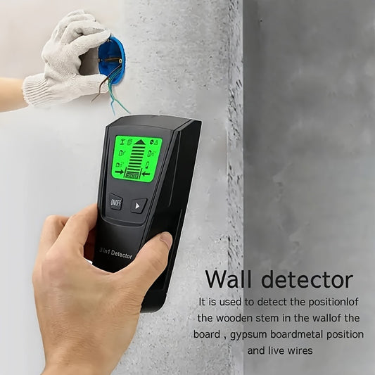 Battery-powered stud finder with LCD display for detecting wood, metal, and AC wires with high accuracy and auto shut-off feature.