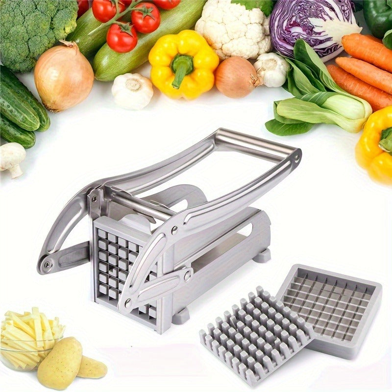 No electricity needed for this multifunctional stainless steel French fry cutter and manual potato dicer with 2 blades. This cast iron kitchen utensil is perfect for cutting vegetables and fruits.