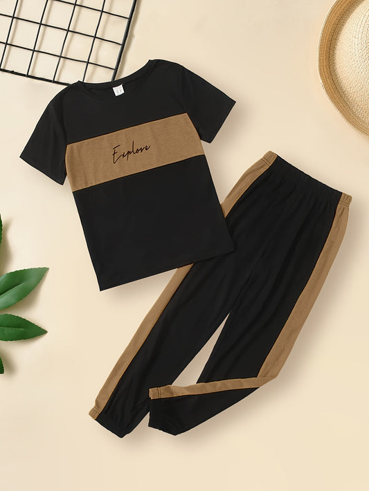 Boy's casual outfit with EXPLORE letter graphic print, including short sleeve t-shirt and pants set for daily and outdoor wear.