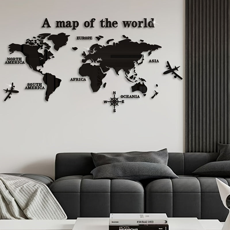 Bohemian style acrylic wall decor featuring "A Map of the World" with airplane and compass rose design. 1mm thick with adhesive backing. Ideal for classrooms, offices, bedrooms, and living