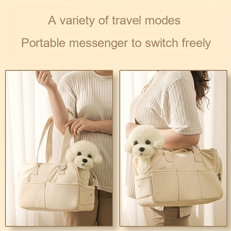 Fluffybaby Portable Pet Travel Bag: Lightweight and breathable design with zip closure. Beige polyester carrier with checkered interior, handle, and minimalist design for small dogs and