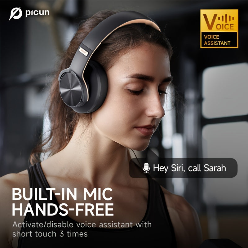 Picun B8 Wireless Headphones with 120 hours of battery life, 3EQ & Game Mode, hands-free calls, and foldable design for travel and office use with compatible devices.