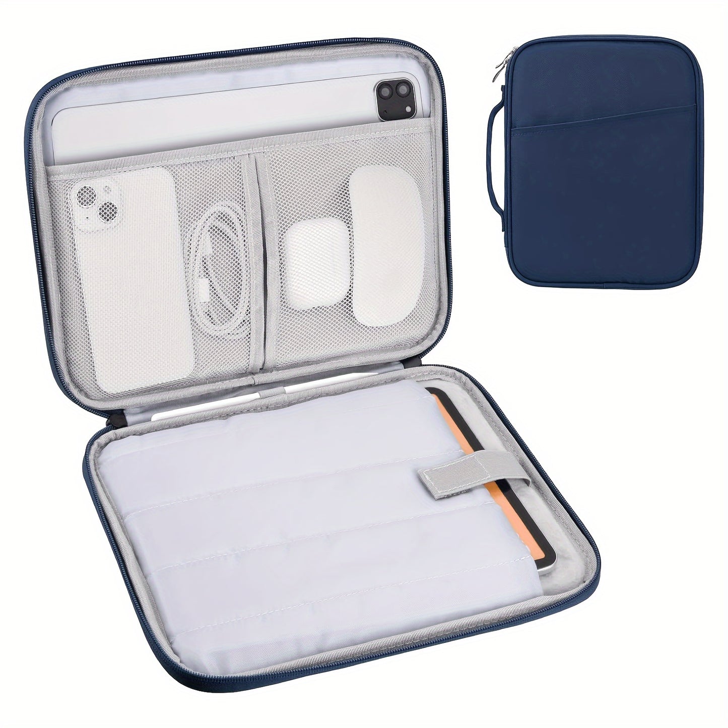 Waterproof tablet sleeve case with handle and front pocket made of durable polyester. Compatible with various tablets such as iPad, Kindle, Samsung Galaxy, and Android tablets. Available in