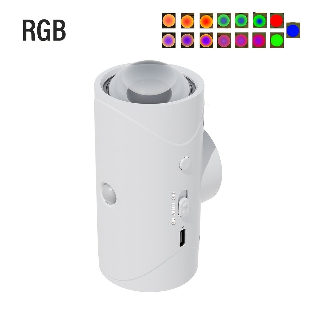 Smart LED night light with motion sensor, RGB dimmable wall lamp, USB rechargeable. Magnetic step lamp for various uses. Infrared wireless, ≤36V, non-waterproof, 1500mAh battery.